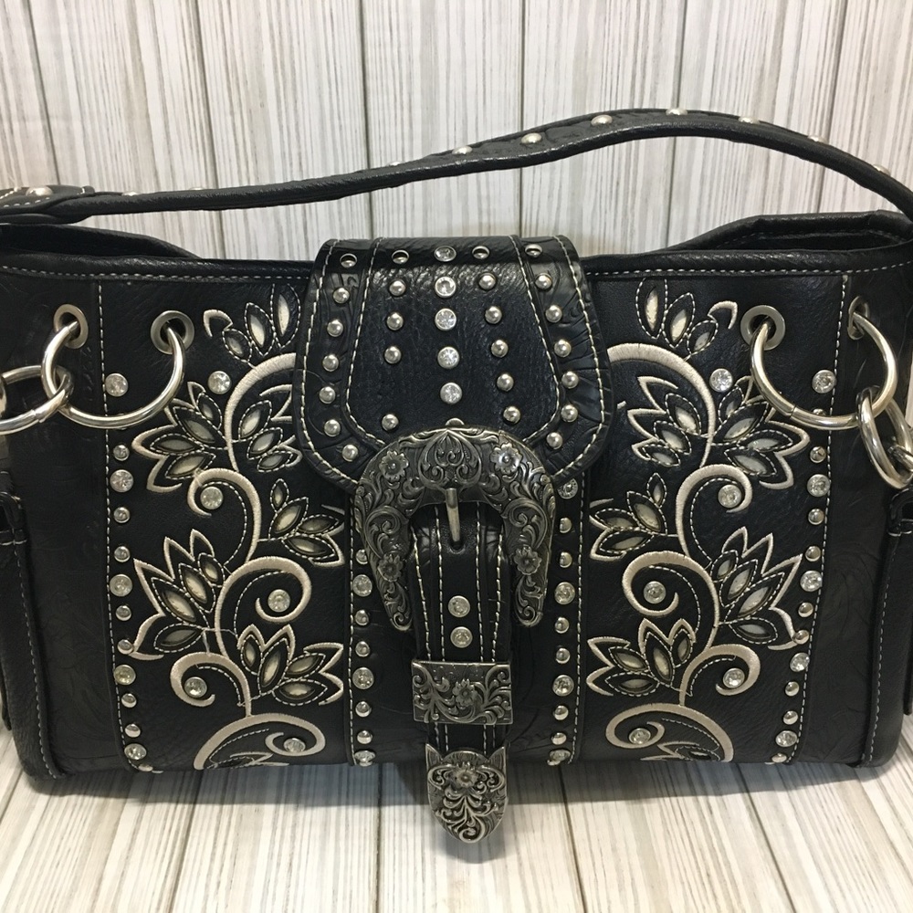 Savana  Ladies Faux Leather Satchel Handbag Black & Bone